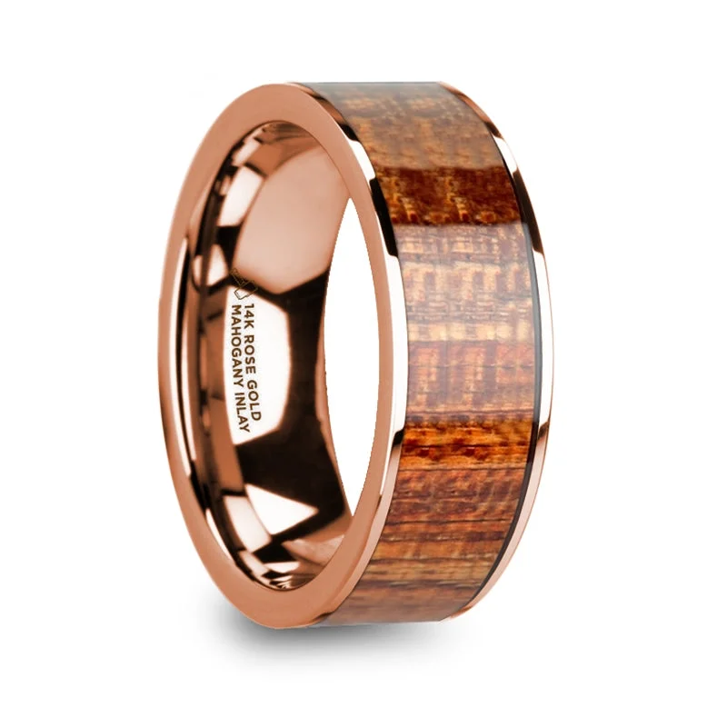 Exclusive designer ladies rings-Mahogany Wood Inlay 14k Rose Gold Men's Wedding Band