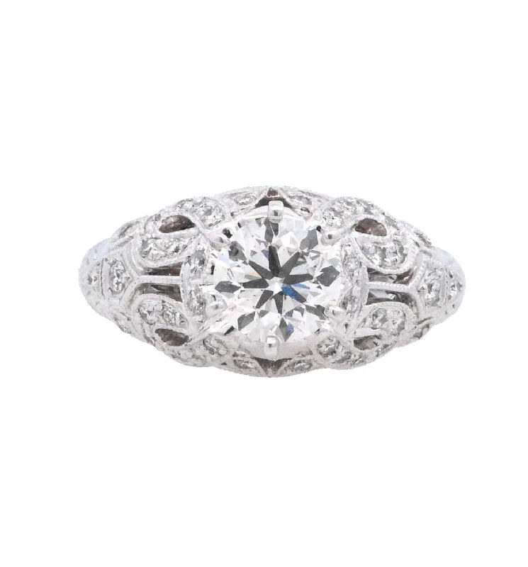 Engagement rings for women with radiant-cut diamonds-14K White Round Diamond 0.90Ct Vintage Engagement Ring