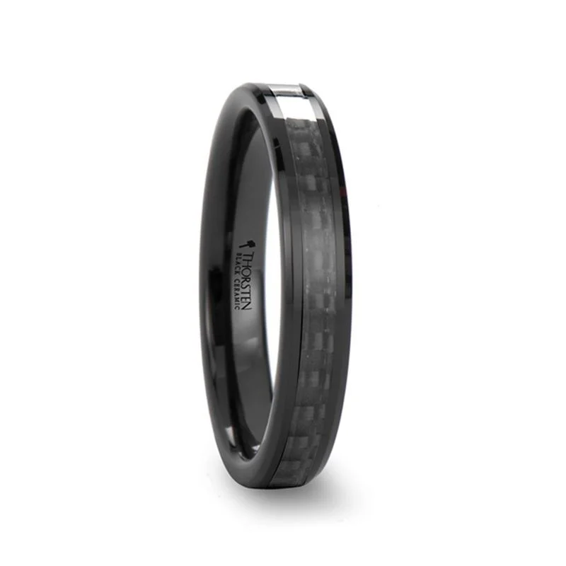 Bold ladies rings with large stones-ONYX | Black Ceramic Ring, Black Carbon Fiber Inlay, Beveled