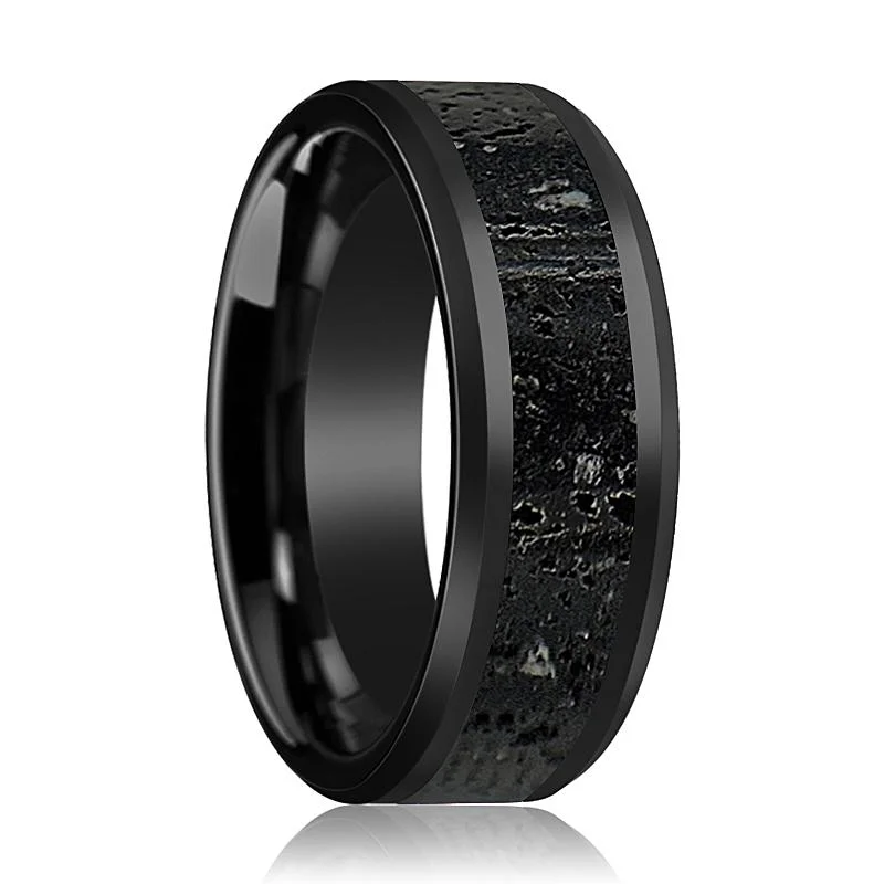 Unique wedding rings for women-VESUVIUS | Black Ceramic Ring, Lava Rock Stone Inlay, Beveled