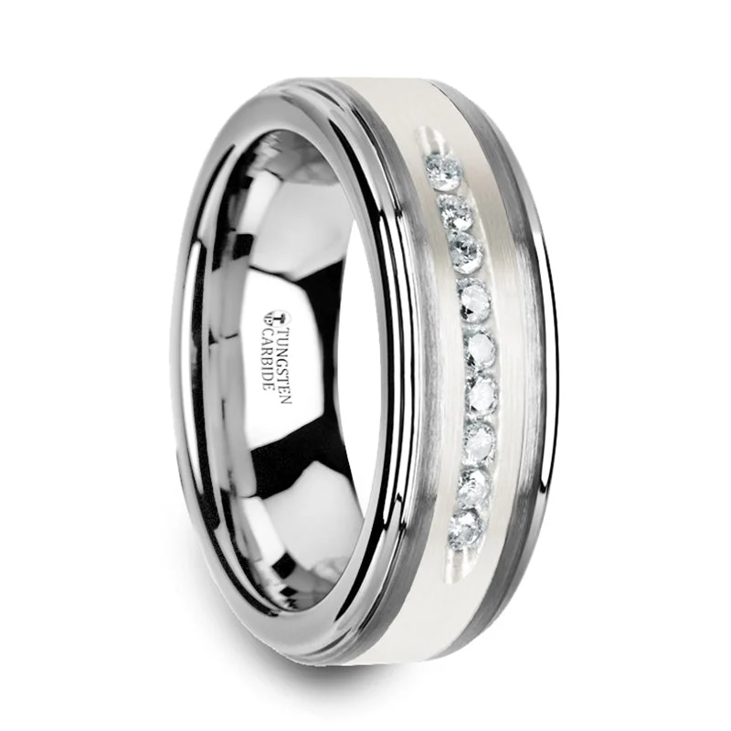 Modern engagement rings with minimalist design-Tungsten Men's Wedding Band with Silver Inlay and 9 Diamonds