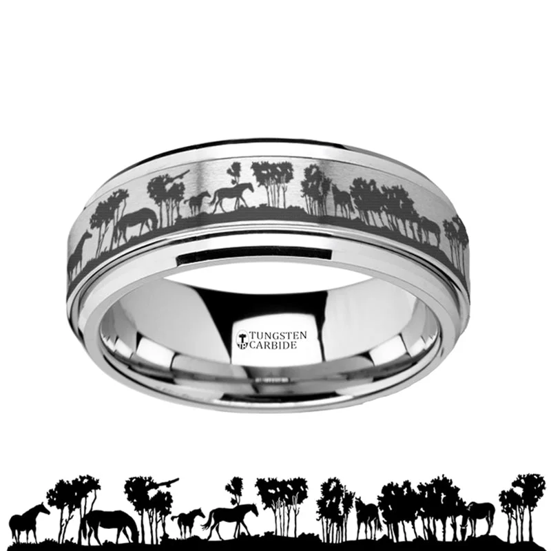 Ladies rings with emerald stones-Wild Horse Engraved Spinner Tungsten Wedding Band