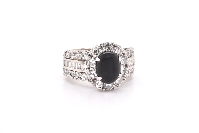 Traditional engagement rings with round diamonds-14k White Gold Onyx and Diamond Halo Ring