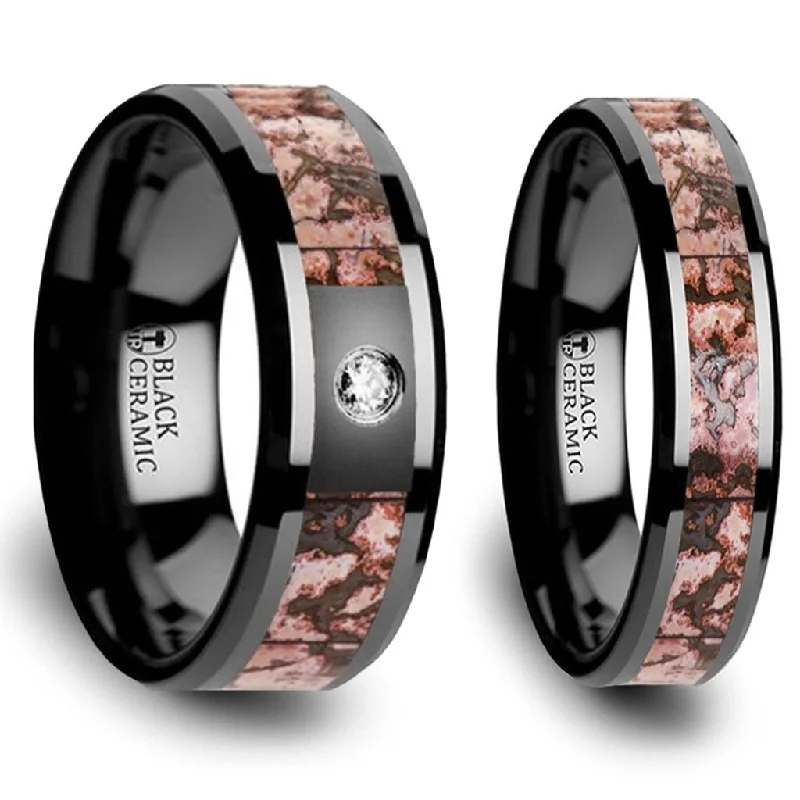 Simple gold ladies rings for women-Pink Dinosaur Bone Inlay Black Ceramic Couple's Matching Wedding Band Set