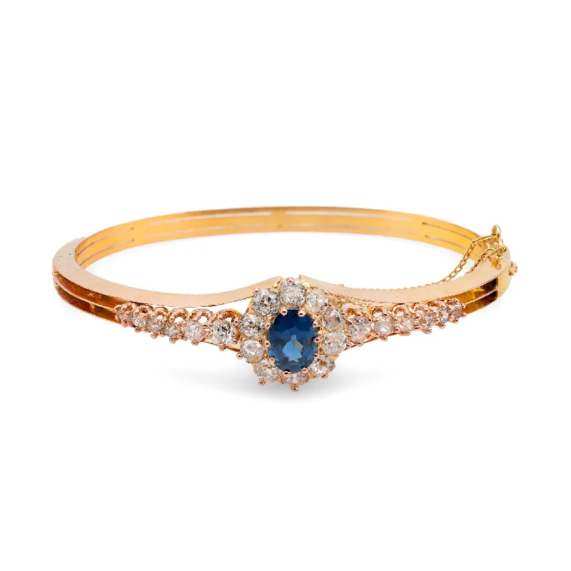 Luxury ladies bracelets with sapphires-Antique French 1.60 carat sapphire diamond 18k rose gold bangle