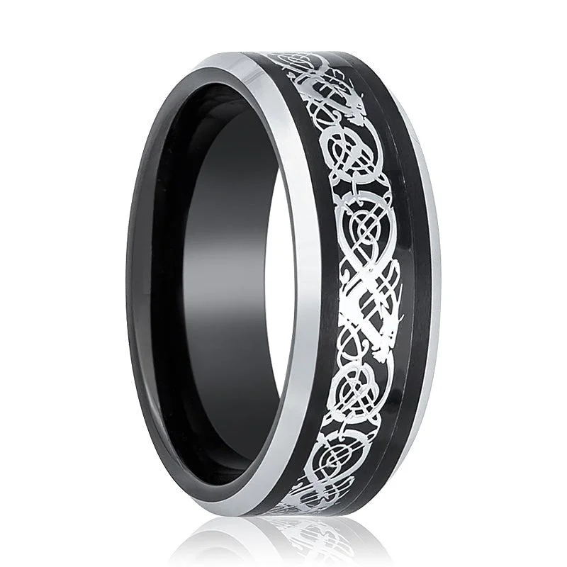 Ladies rings with birthstones-BETTLER | Black Tungsten Ring, Celtic Cut-Out Design, Silver Beveled