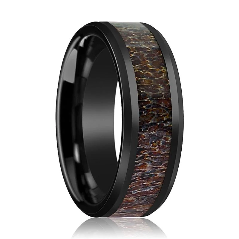 Handmade ladies rings with designs-BONY | Black Ceramic Ring, Dark Brown Antler Inlay, Beveled