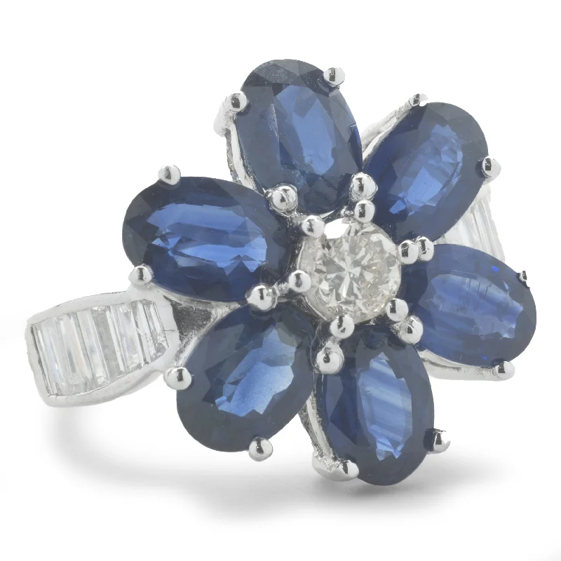 Engagement rings with cushion-cut diamonds-18 Karat White Gold Sapphire and Diamond Flower Ring