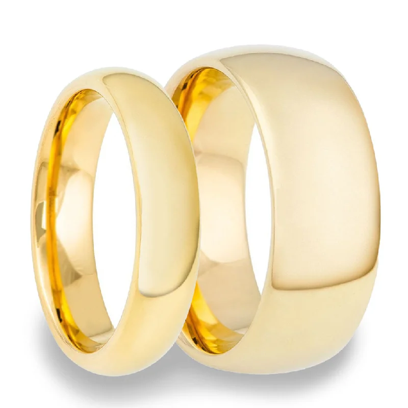 Modern ladies rings with sapphires-Yellow Gold Tungsten Couple's Matching Wedding Band Set