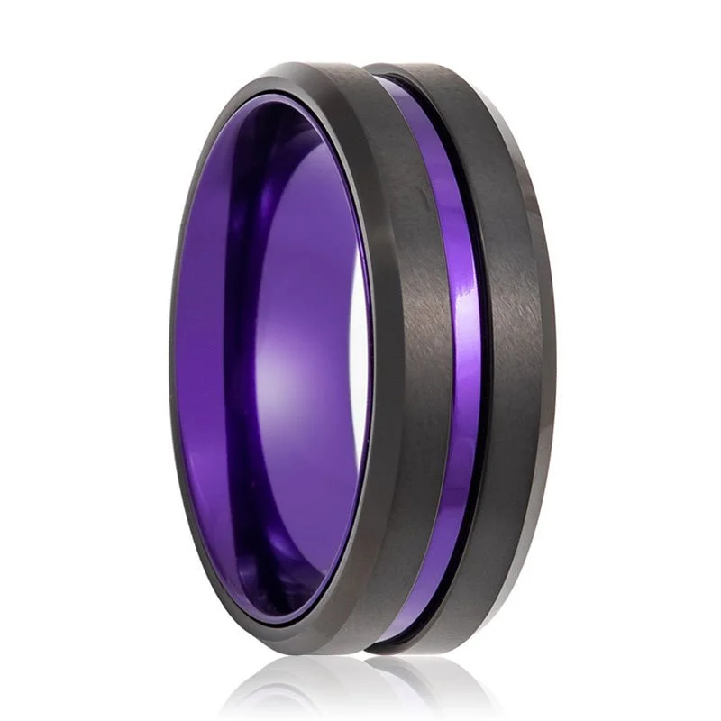 Ladies rings with antique design-EMERY | Purple Tungsten Ring, Purple Groove, Beveled