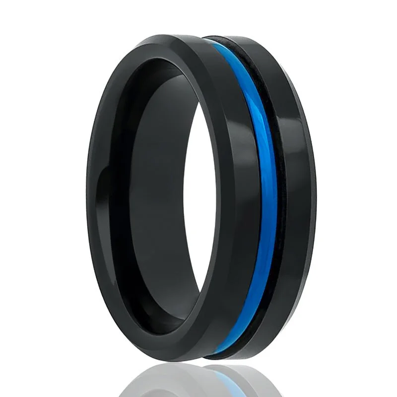 Silver ladies rings for women-NORWAY | Tungsten Ring Blue Groove