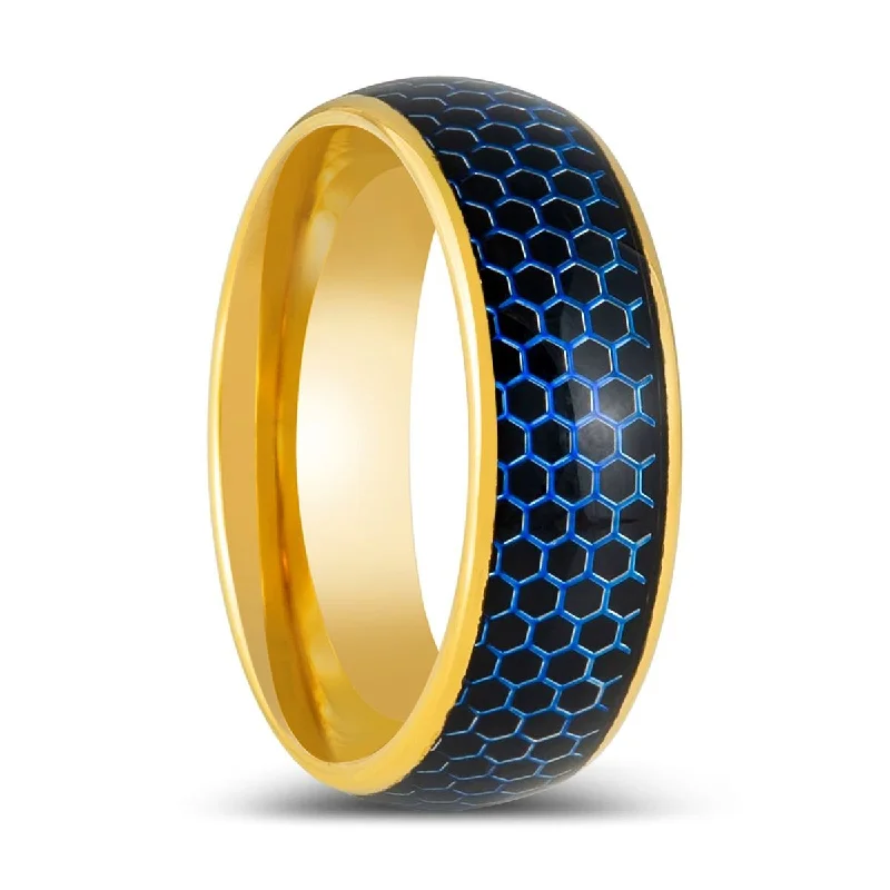 Black diamond ladies rings-AQUAHEX | Gold Tungsten Ring, Domed Ring, Blue Honeycomb Cutout