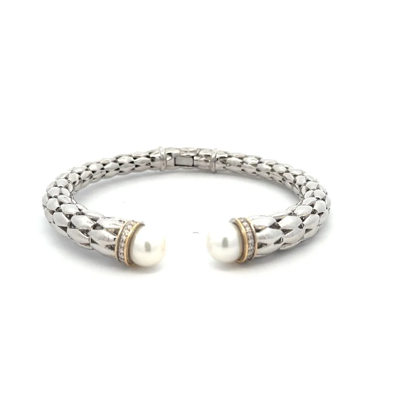 Fashionable charm bracelets for fashion-Sterling Silver Hinged Pearl & Diamond Bangle