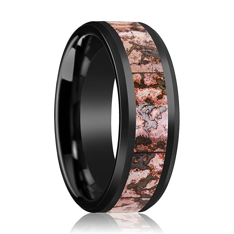 High-quality ladies rings for weddings-CAMBRIAN | Black Ceramic Ring, Pink Dino Bone Inlay