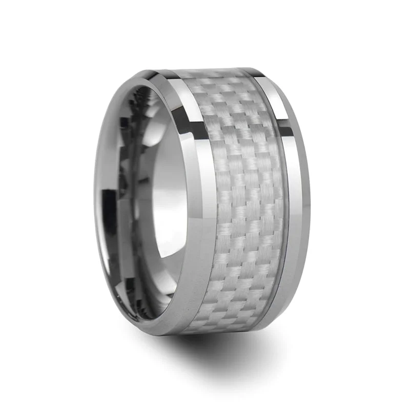 Yellow gold ladies rings for special occasions-Tungsten Wedding Band with White Carbon Fiber Inlay