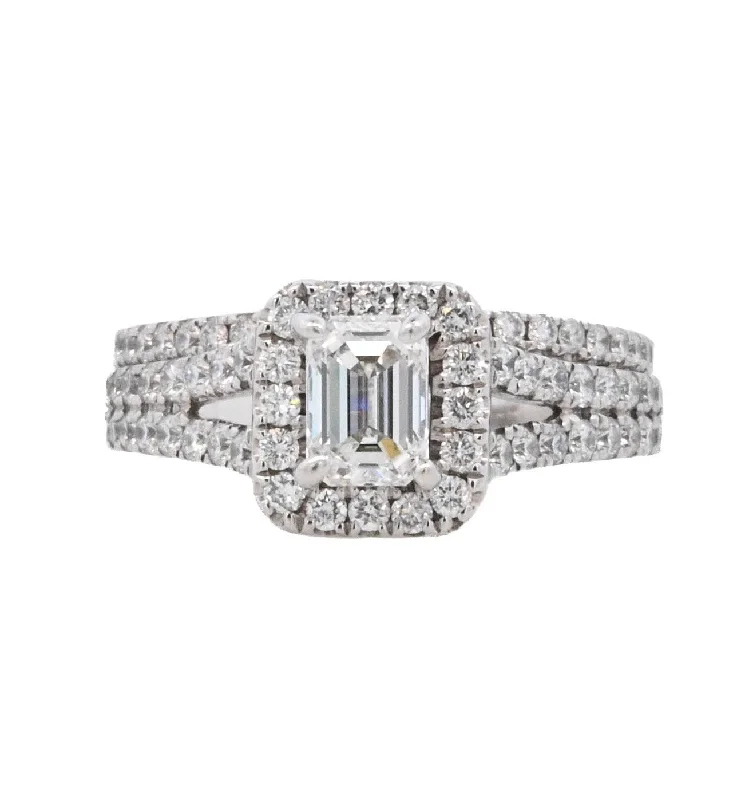 Engagement rings with hidden halos-14K White Emerald Cut Diamond 0.80Ct Halo Engagement Ring