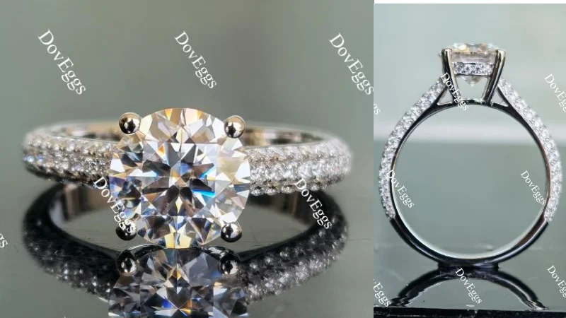 Custom-designed engagement rings for her-Doveggs round half eternity pave moissanite engagement ring