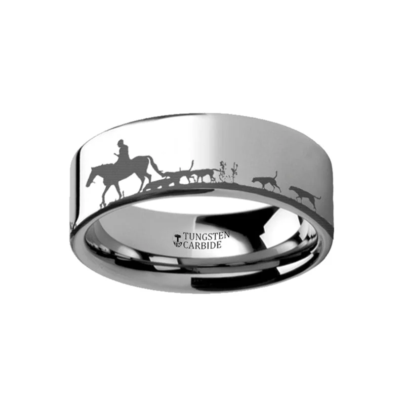 Large stone ladies rings for women-Fox Hunt Landscape Scene Tungsten Men's Wedding Band