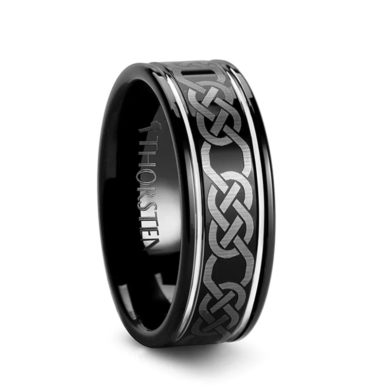 Stylish silver ladies rings-Black Tungsten Wedding Band with Celtic Pattern