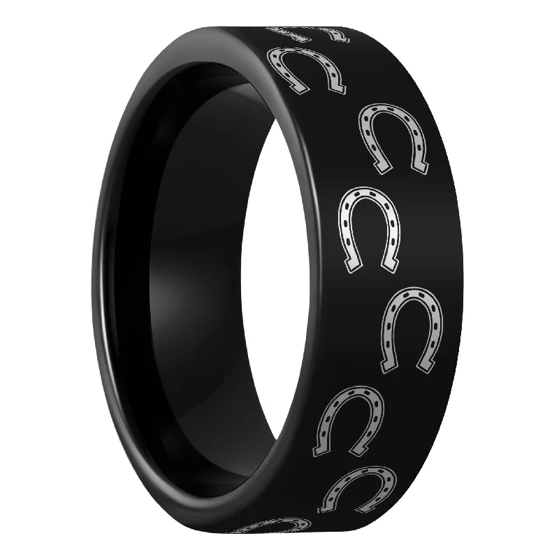 Affordable fashion ladies rings-Horseshoes Black Tungsten Men's Wedding Band