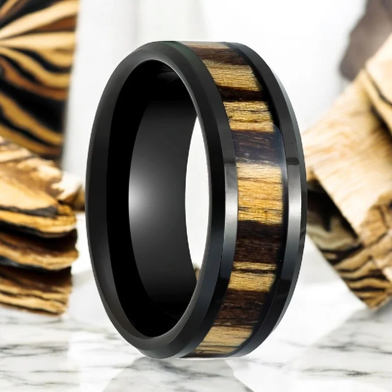 Artistic ladies rings with gems-WILDSTRIPE | Black Tungsten Ring, Zebra Wood Inlay, Beveled Edge