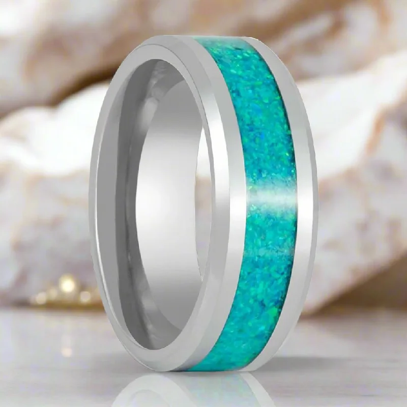 Classic gold ladies rings-OCEARA | Silver Tungsten Ring, Kiwi Green Opal Inlay, Beveled