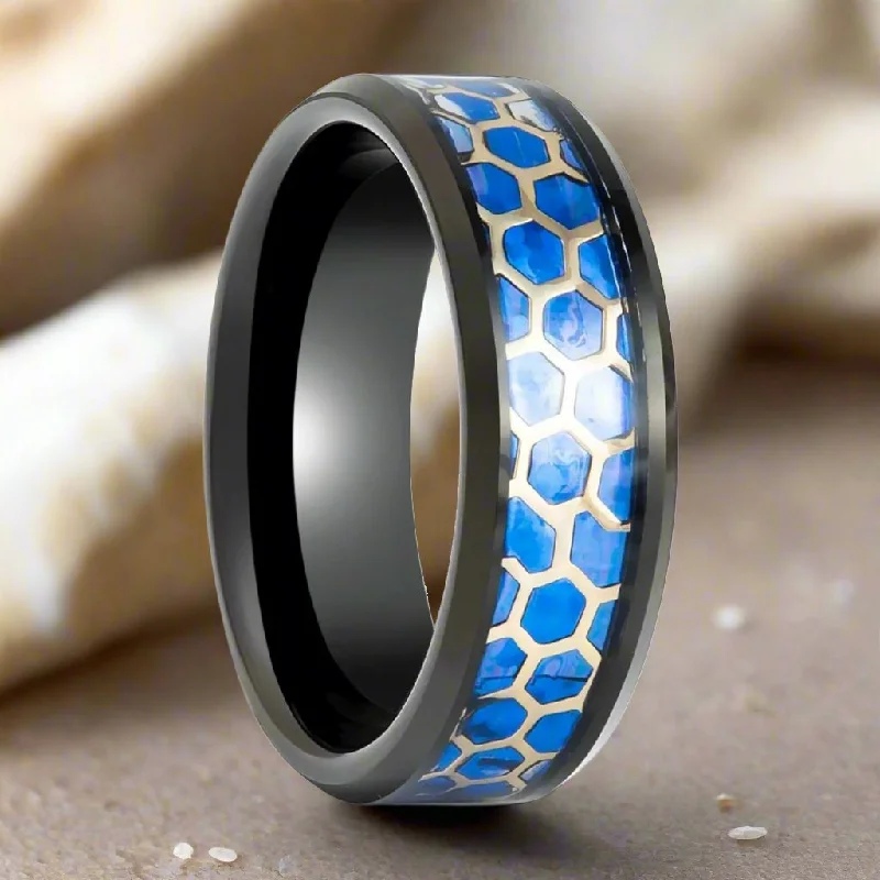 Personalized ladies rings for gifts-YANKTON | Black Tungsten Ring, Honeycomb Blue Opal Inlay, Beveled