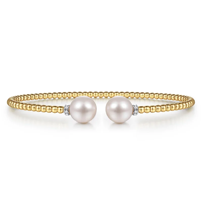 Classic pearl ladies bracelets-14K Gold Bujukan Diamond and Pearl Split Bangle