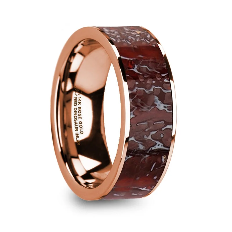 Affordable diamond ladies rings-Red Dinosaur Bone Inlay 14k Rose Gold Men's Wedding Band