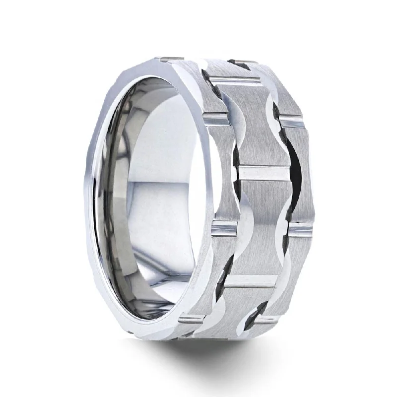 Special occasion ladies rings-Tungsten Men's Wedding Band with Wavy Pattern