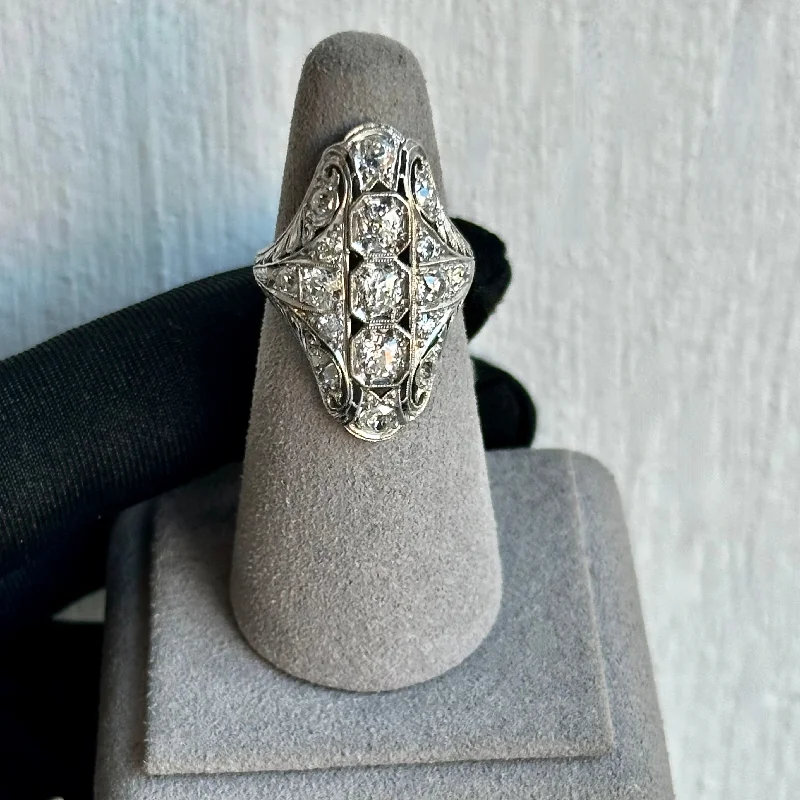 Simple solitaire diamond engagement rings-Stunning Platinum Diamond Art Deco Cocktail Filigree Ring – Old Mine Cut, Approximately 1.60ctw