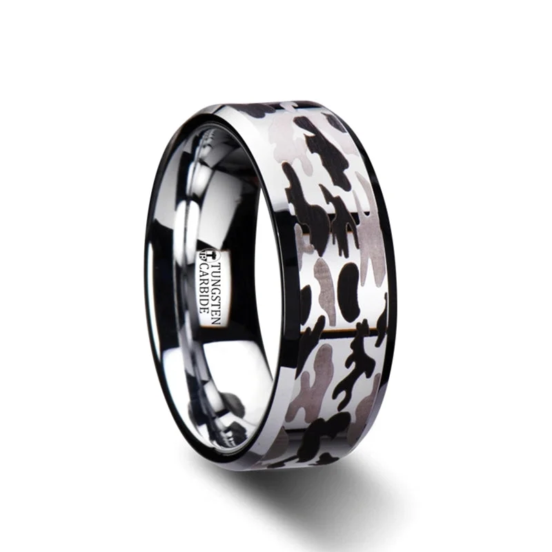 Contemporary ladies rings with stones-Tungsten Wedding Band with Black & Gray Camoflauge Pattern