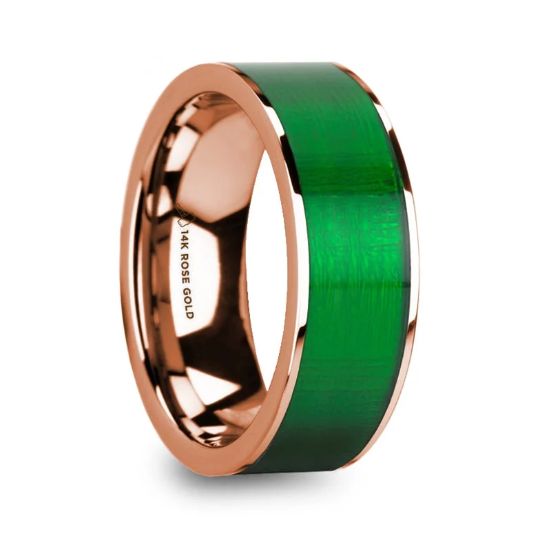 Ladies rings with large diamonds-14k Rose Gold Men's Wedding Band with Textured Green Inlay