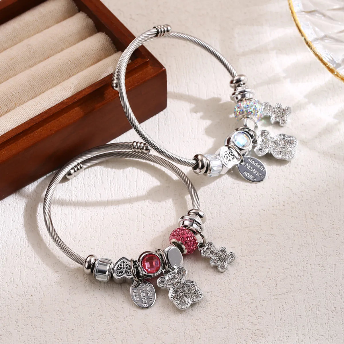 Modern bangle bracelets for women-Elegant Cute Oval Bear Stainless Steel Alloy Beaded Inlay Rhinestones Bangle