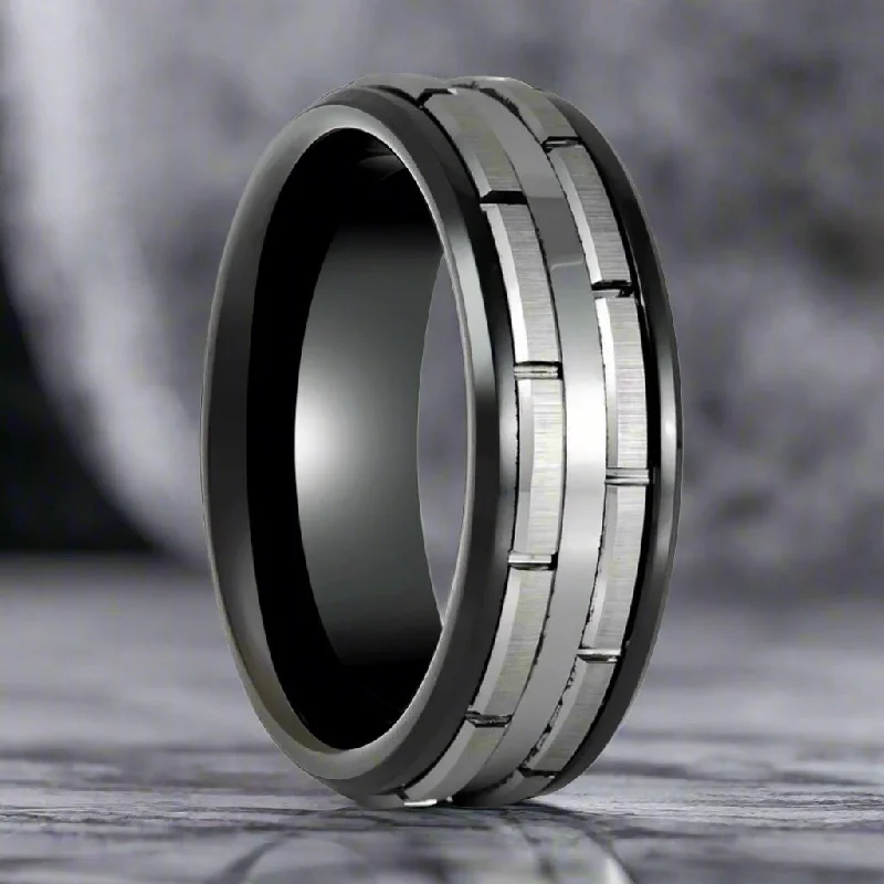 Wedding ladies rings with diamonds-DUALITY | Black Tungsten Ring, Two Tone, Patterned Design, Beveled