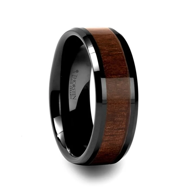 Birthstone rings for ladies-YUKON | Black Ceramic Ring, Black Walnut Wood Inlay, 10mm, 12mm