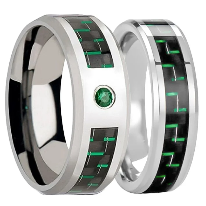 Luxury ladies rings with rubies-Black & Green Carbon Fiber Inlaid Tungsten Couple's Matching Wedding Band Set