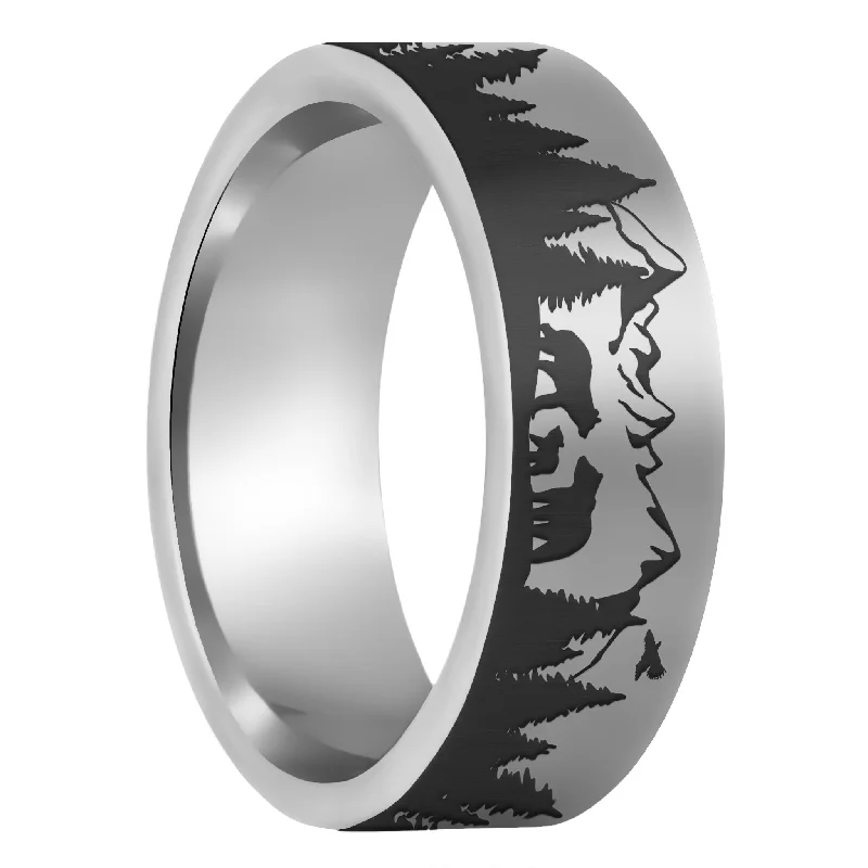 Stylish silver ladies rings-Bear & Cubs Landscape Scene Tungsten Men's Wedding Band