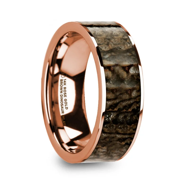 Ladies rings with sapphires and diamonds-14k Rose Gold Men's Wedding Band with Brown Dinosaur Bone Inlay