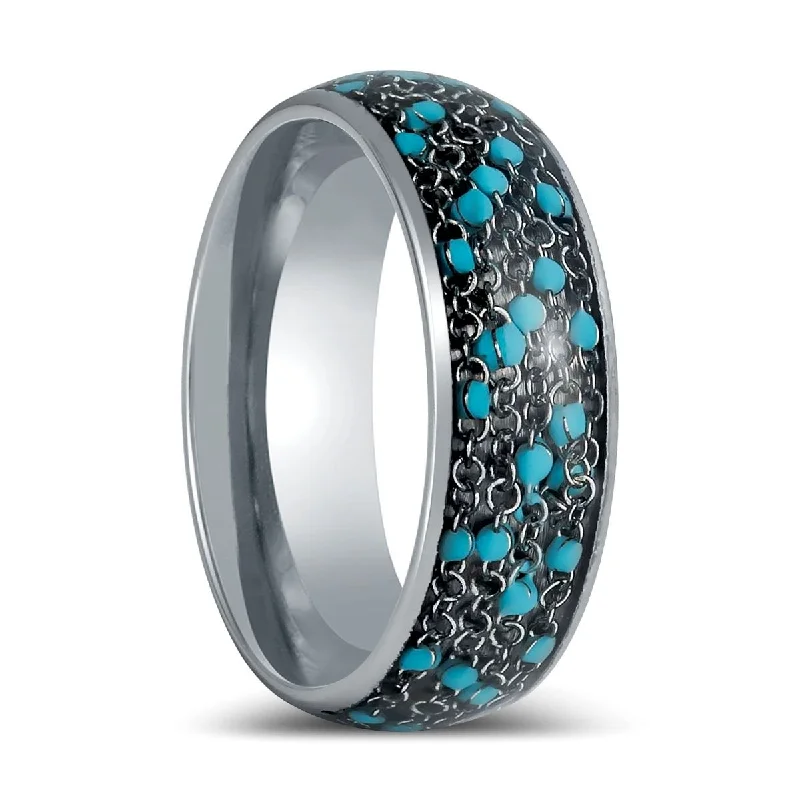 Women’s rings with colored diamonds-BEADWIRE | Silver Tungsten Ring, Domed Ring with Blue Beads Inlay