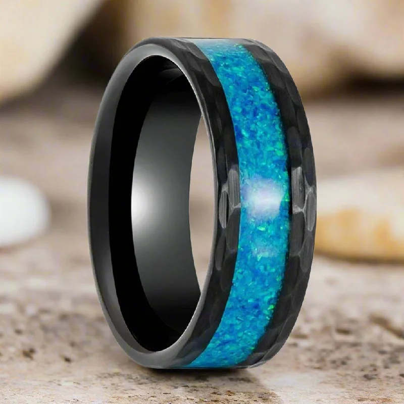 Multi-stone ladies rings-TIDAL | Black Tungsten Ring, Hammered, Blue Opal Inlay