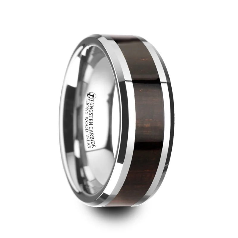 Statement rings for bold women-Tungsten Wedding Band with Ebony Wood Inlay