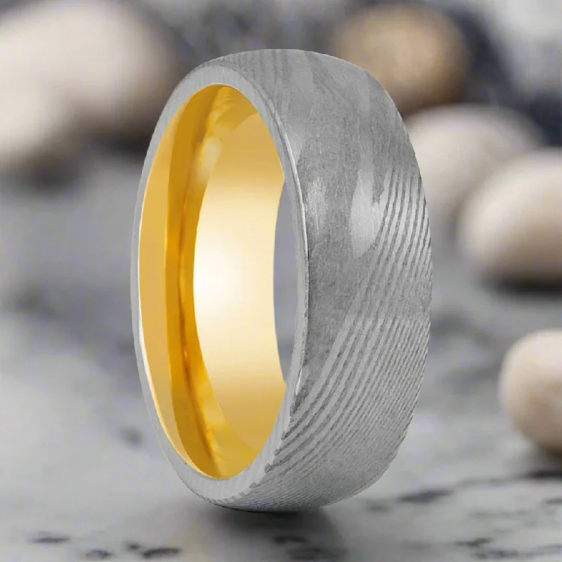 Designer ladies rings for special occasions-HELIOS | Damascus Steel Ring, Yellow Tungsten, Domed