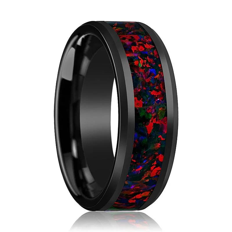 Simple silver ladies rings-MATRIX | Black Ceramic Ring, Black Opal Inlay, Beveled