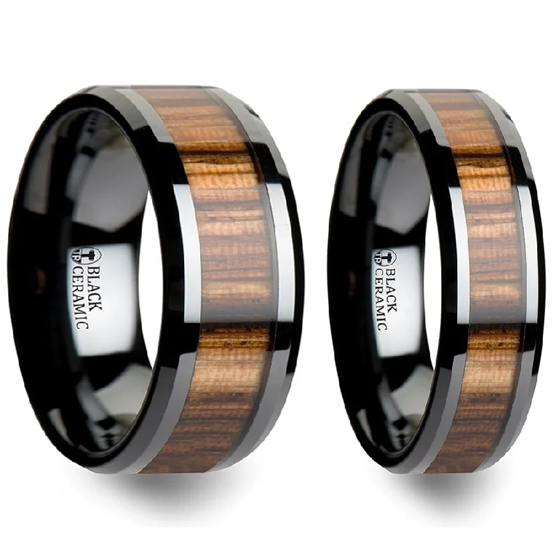 Affordable gold ladies rings-Zebra Wood Inlay Black Ceramic Couple's Matching Wedding Band Set