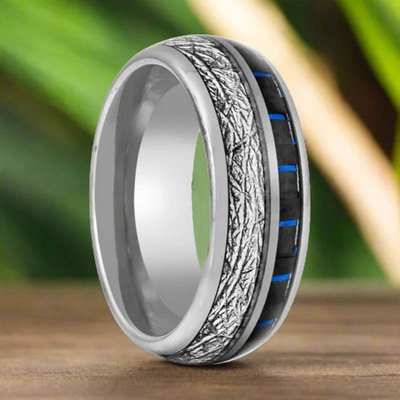 Diamond encrusted ladies rings-NEBULON | Silver Tungsten Ring, Imitation Meteorite & Blue Carbon Fiber Inlay, Domed