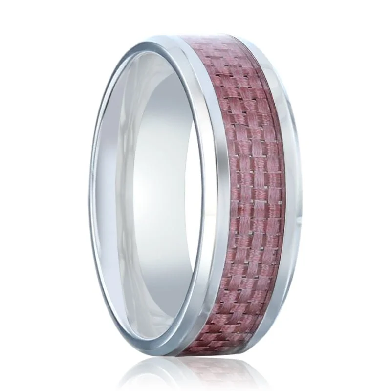 Ladies rings with birthstones-DOMINIQUE | Silver Titanium Ring, Pink Carbon Fiber Inlay, Beveled