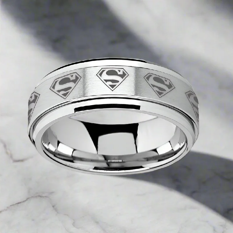 Vintage inspired ladies rings-SUPREME | Silver Tungsten Ring, Fidget Spinner, Laser Engraved Superman, Beveled