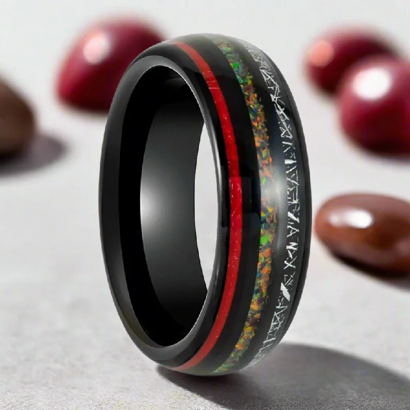 Double band ladies rings-STRIDER | Black Tungsten Ring, Meteorite & Opal Inlays, Domed