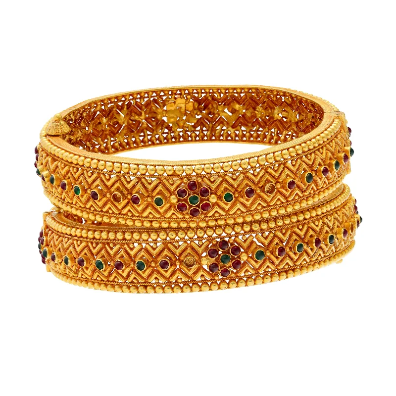 Unique gemstone bracelets for women-22K Yellow Gold, Emerald & Ruby Bangle Set (65gm)